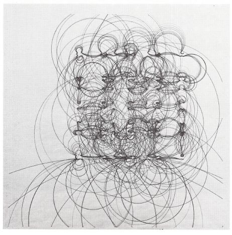<em>Blue Circled Through Black&rsquo; (continuous line study) 23 x 23 inches. 1972. Computer; colored inks on paper.</em>
